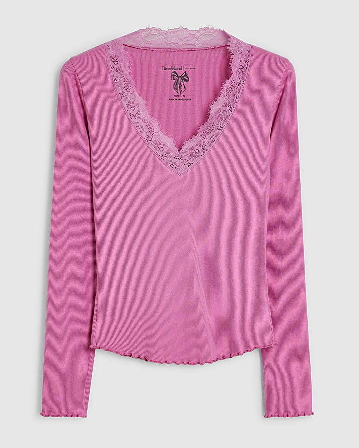 Pink V Neck Lace Trim Top