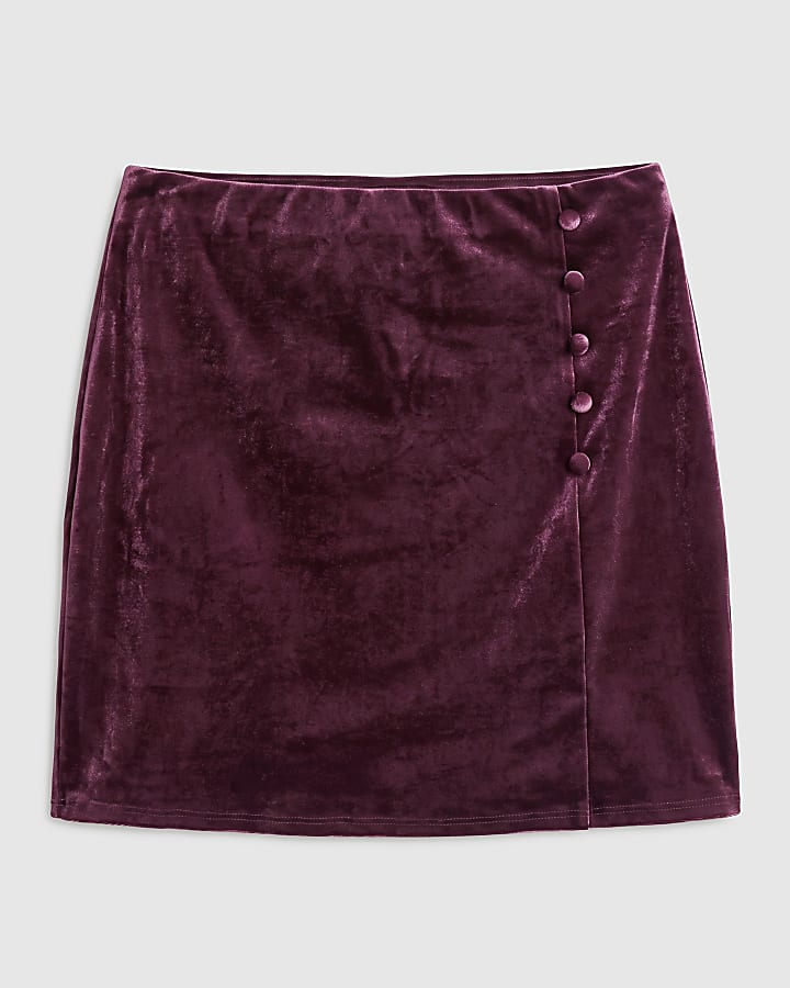 Burgundy Velvet Button Mini Skirt