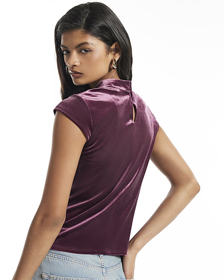 Burgundy Stand Up Collar Button Velvet Top