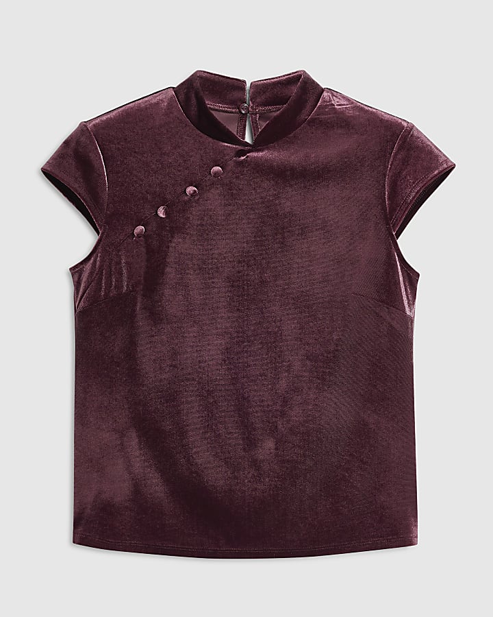 Burgundy Stand Up Collar Button Velvet Top