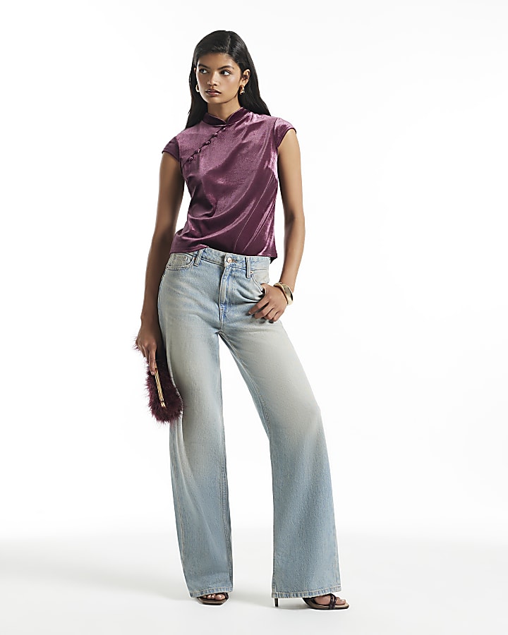 Burgundy Stand Up Collar Button Velvet Top