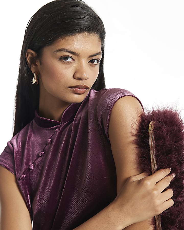 Burgundy Stand Up Collar Button Velvet Top