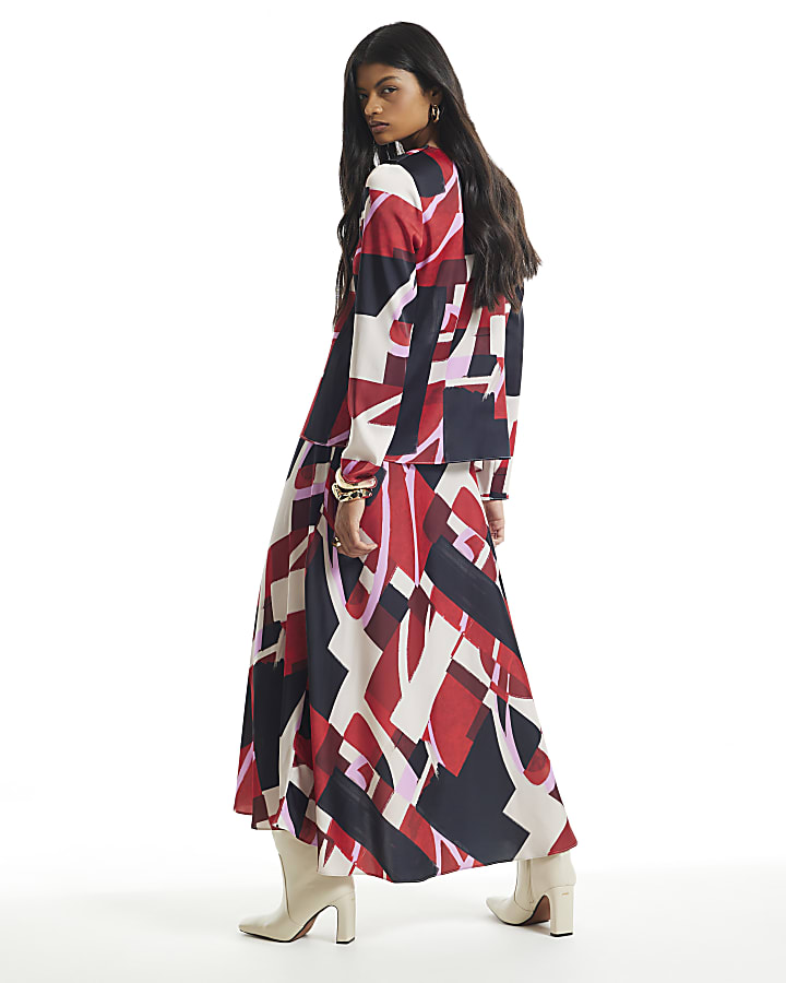 Red Satin Colour Block Asymmetric Midi Skirt