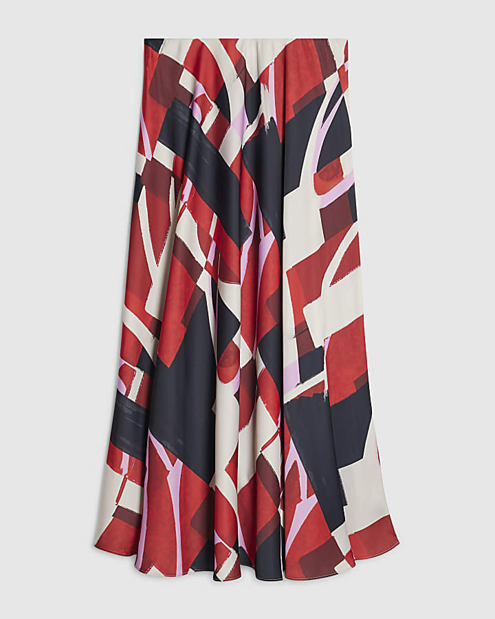 Red Satin Colour Block Asymmetric Midi Skirt