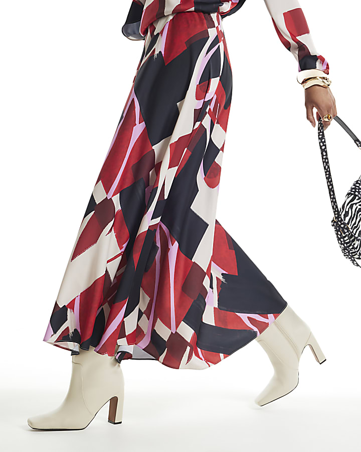 Red Satin Colour Block Asymmetric Midi Skirt
