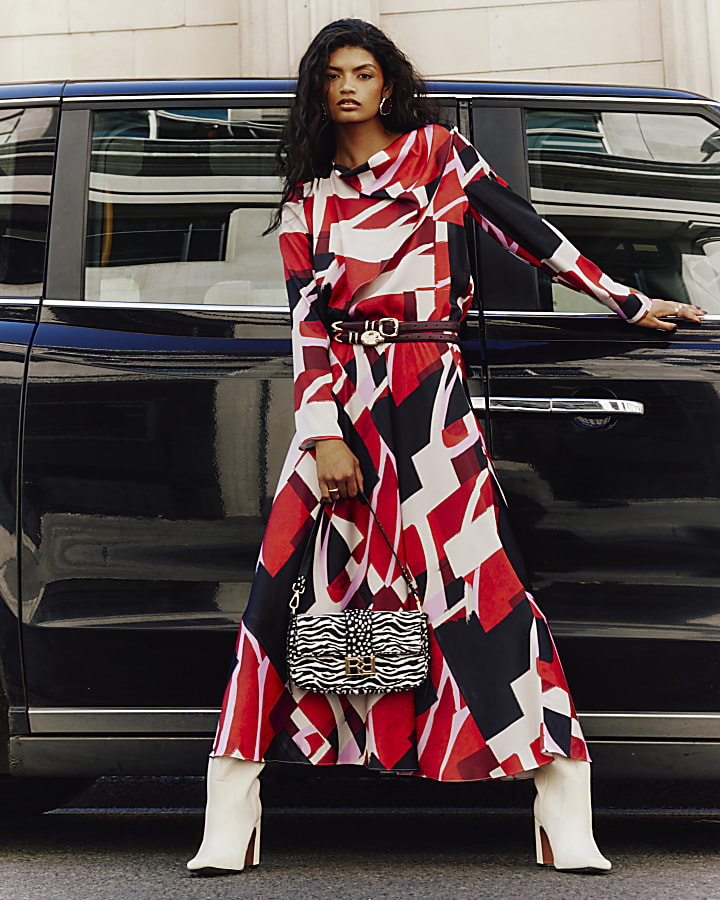 Red Satin Colour Block Asymmetric Midi Skirt
