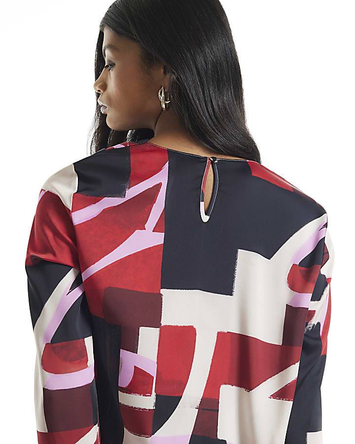 Red Satin Colour Block Cowl Neck Top