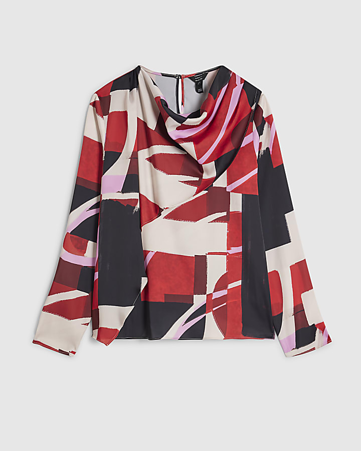 Red Satin Colour Block Cowl Neck Top