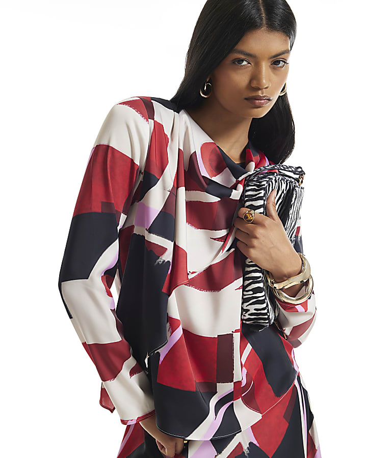 Red Satin Colour Block Cowl Neck Top