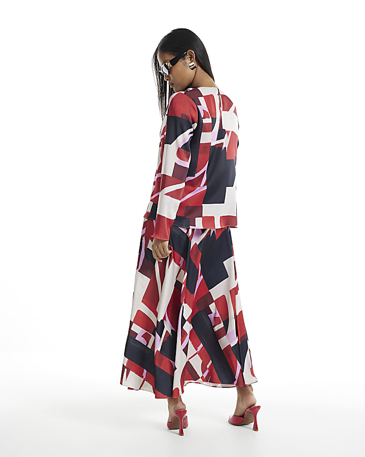 Petite Red Colour Block Asymmetric Midi Skirt