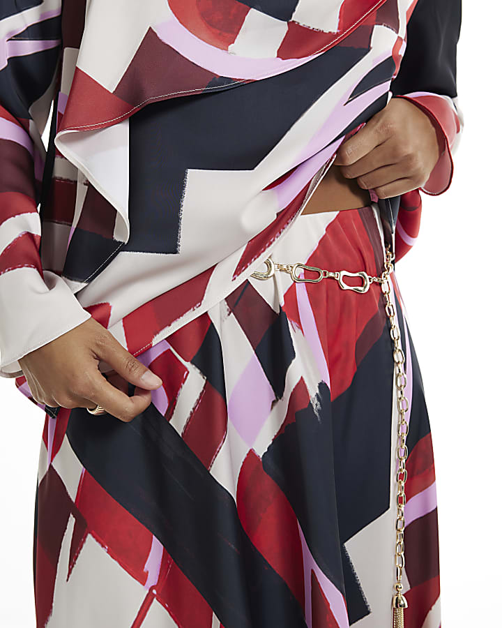 Petite Red Colour Block Asymmetric Midi Skirt