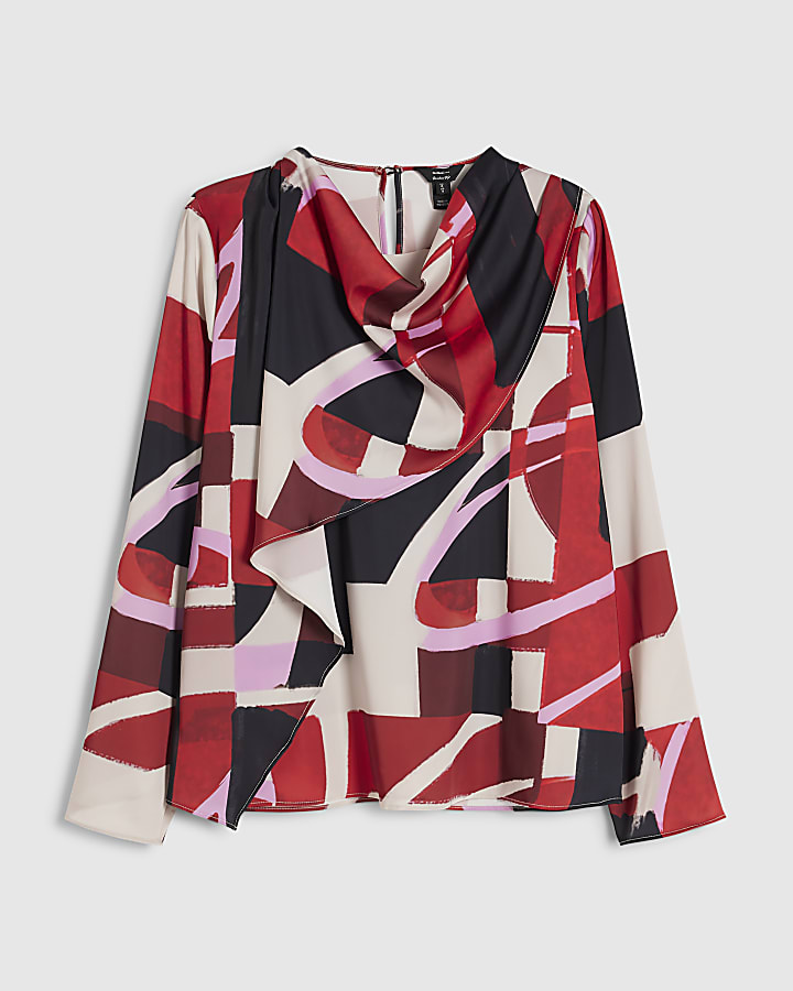 Petite Red Satin Colour Block Cowl Neck Top