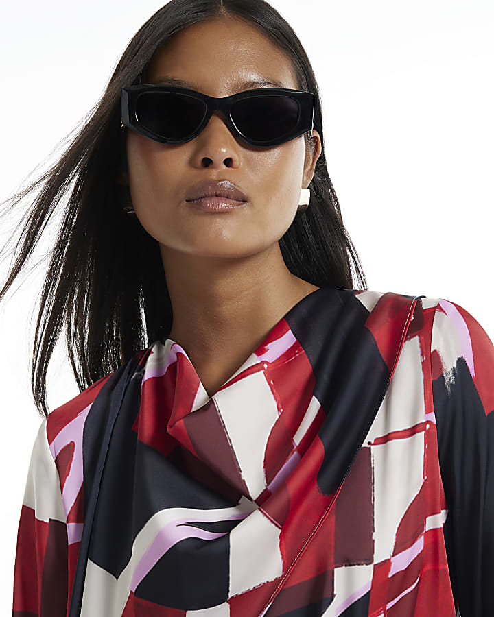 Petite Red Satin Colour Block Cowl Neck Top