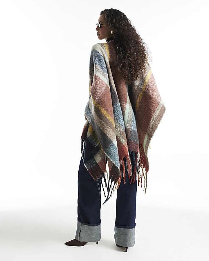 Orange Check Knit Scarf Cape