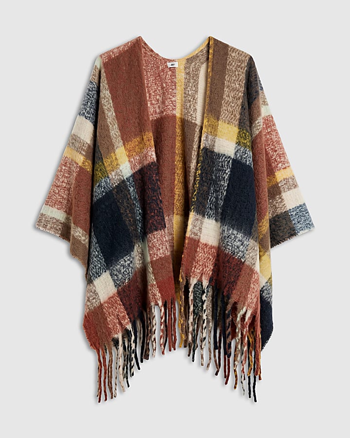 Orange Check Knit Scarf Cape