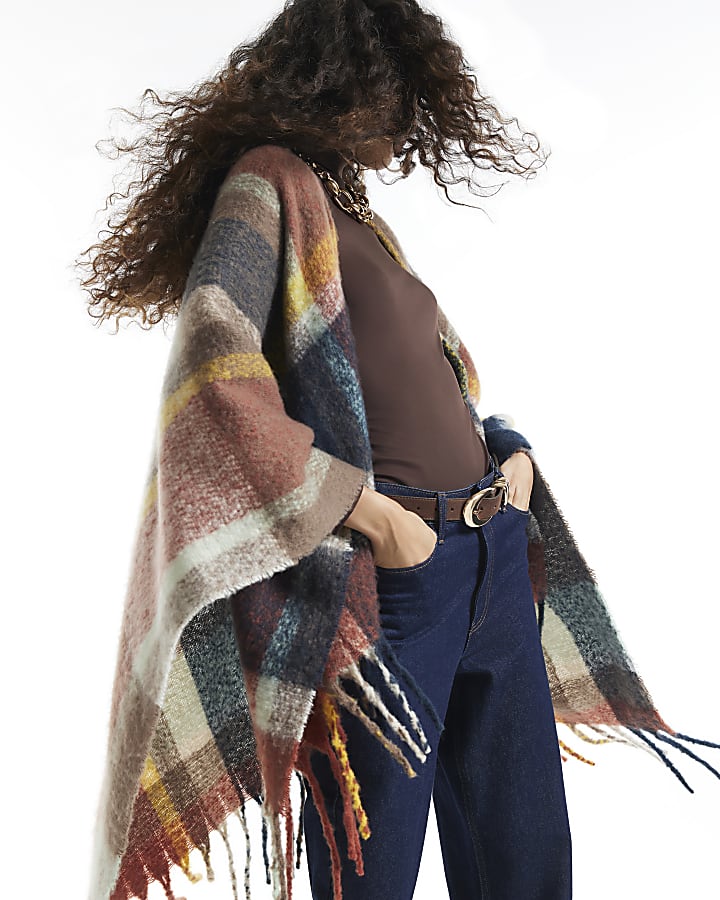 Orange Check Knit Scarf Cape