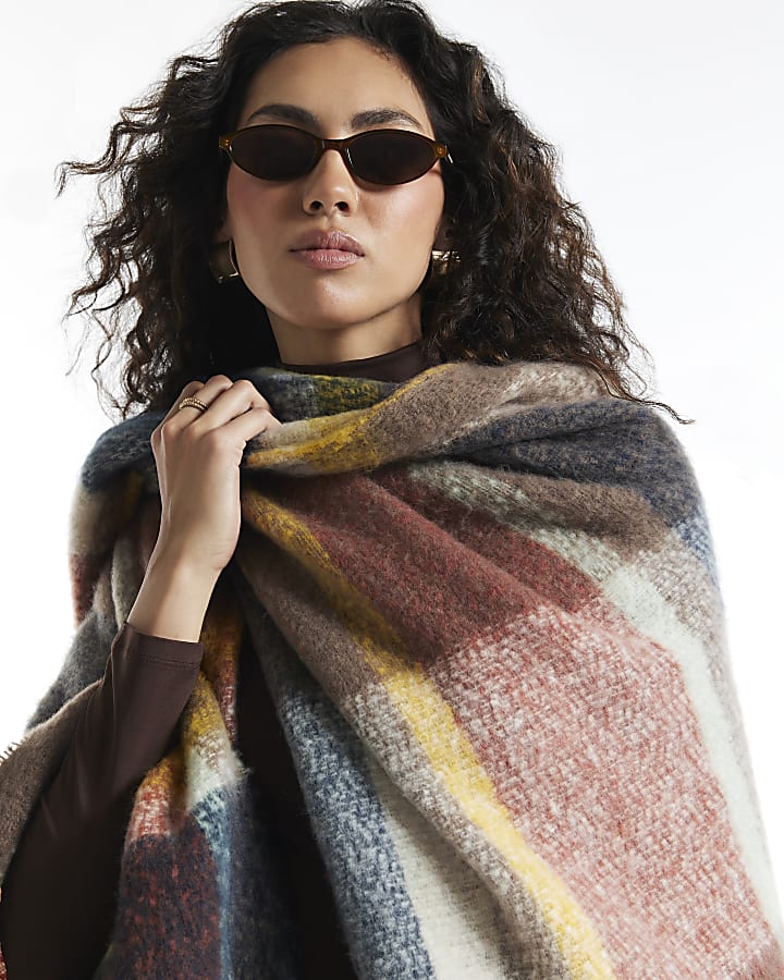 Orange Check Knit Scarf Cape