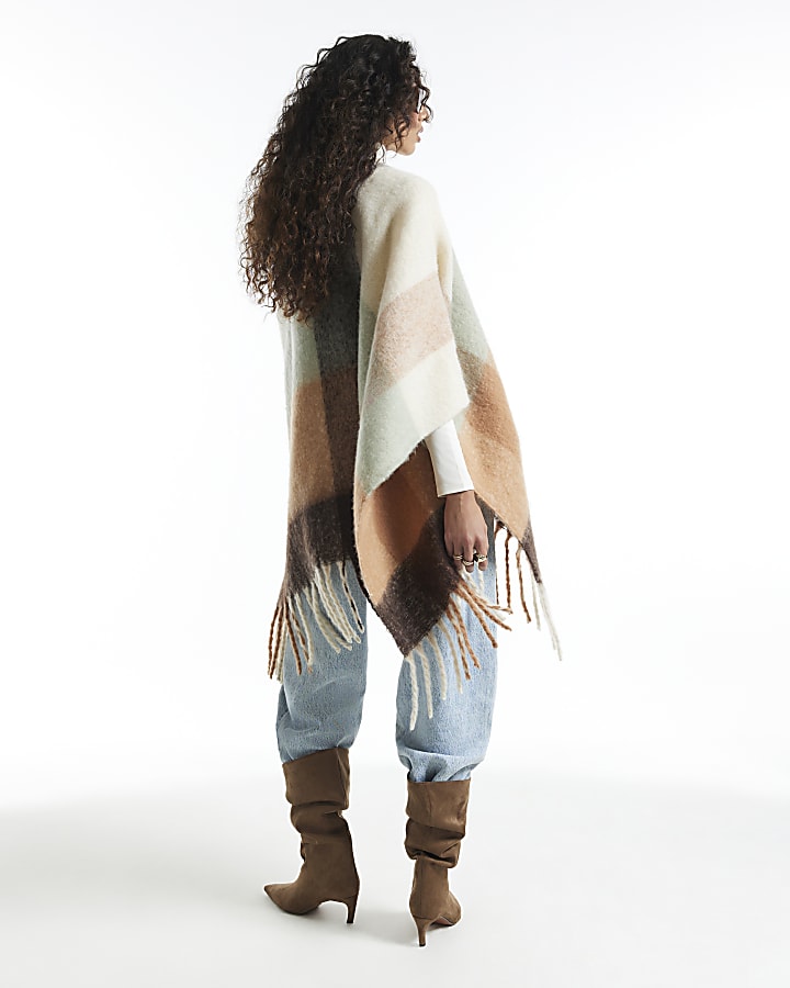 Cream Check Knit Scarf Cape