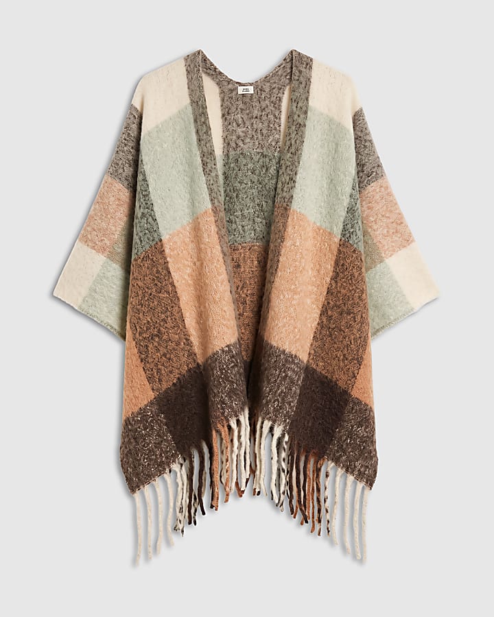 Cream Check Knit Scarf Cape
