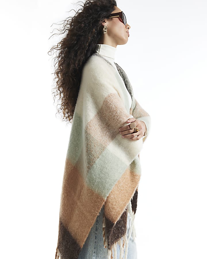 Cream Check Knit Scarf Cape