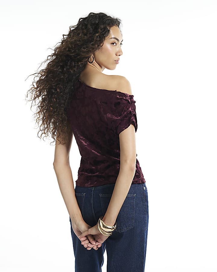 Burgundy Velvet Devore Asymmetric Drape Top