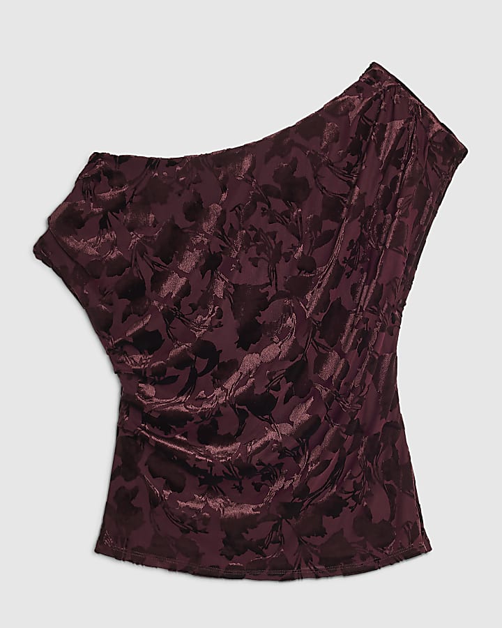 Burgundy Velvet Devore Asymmetric Drape Top