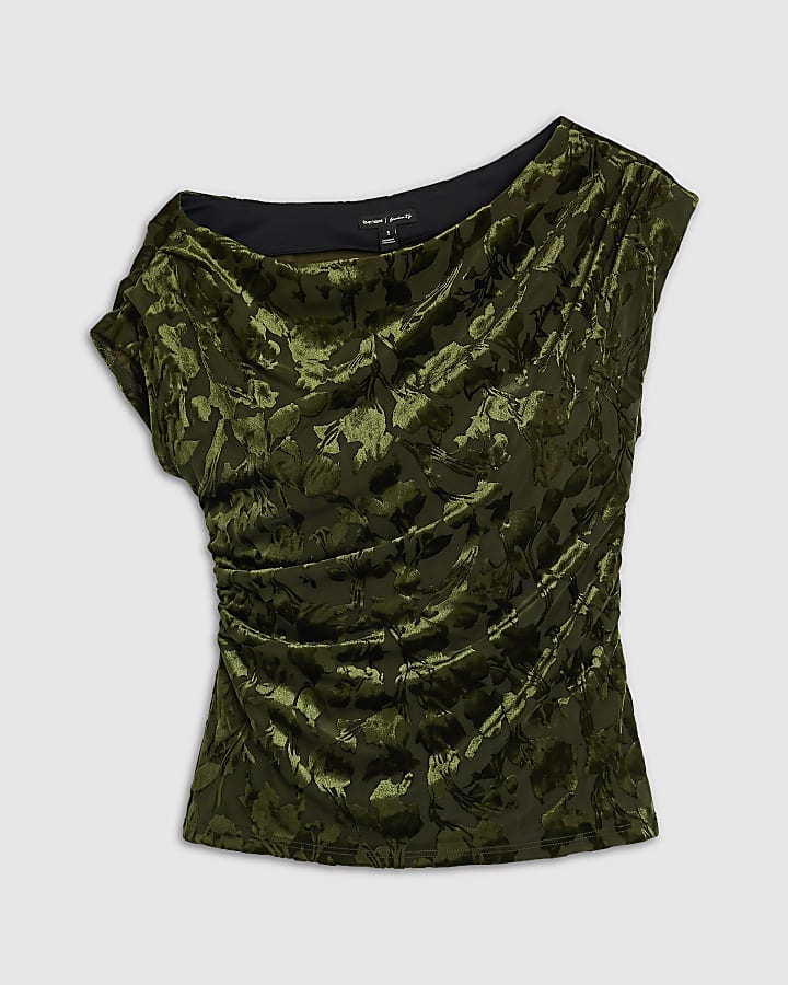 Green Velvet Devore Asymmetric Drape Top