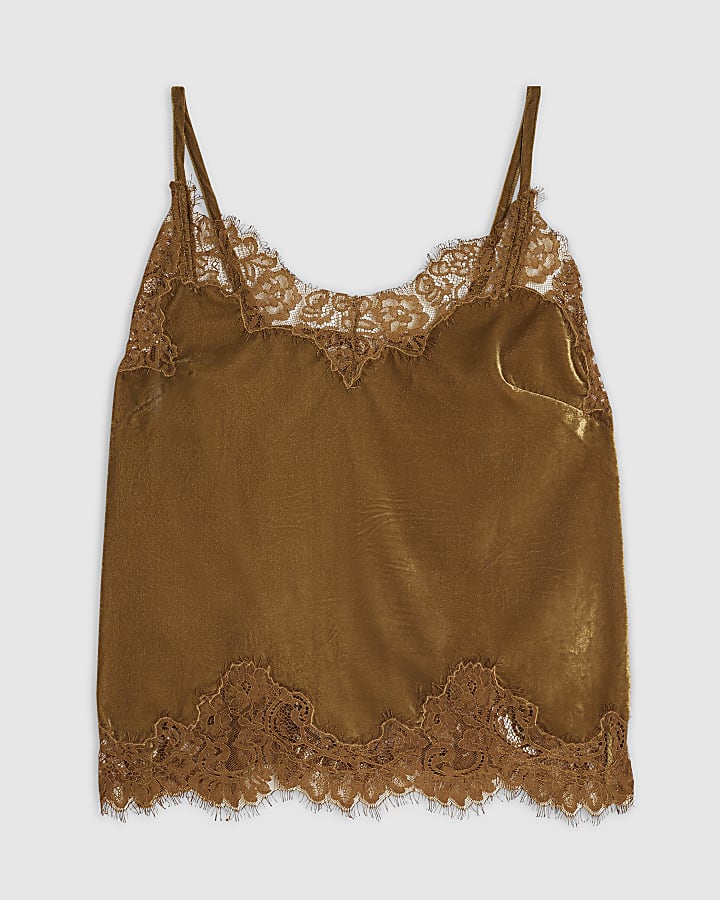 Brown Velvet Lace Trim Cami Top