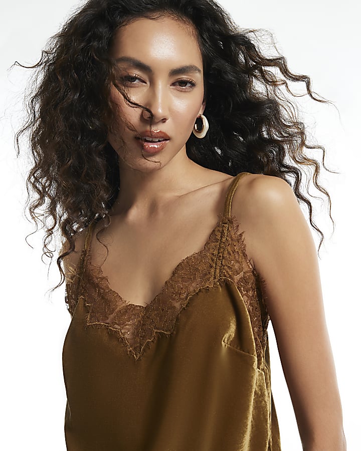 Brown Velvet Lace Trim Cami Top