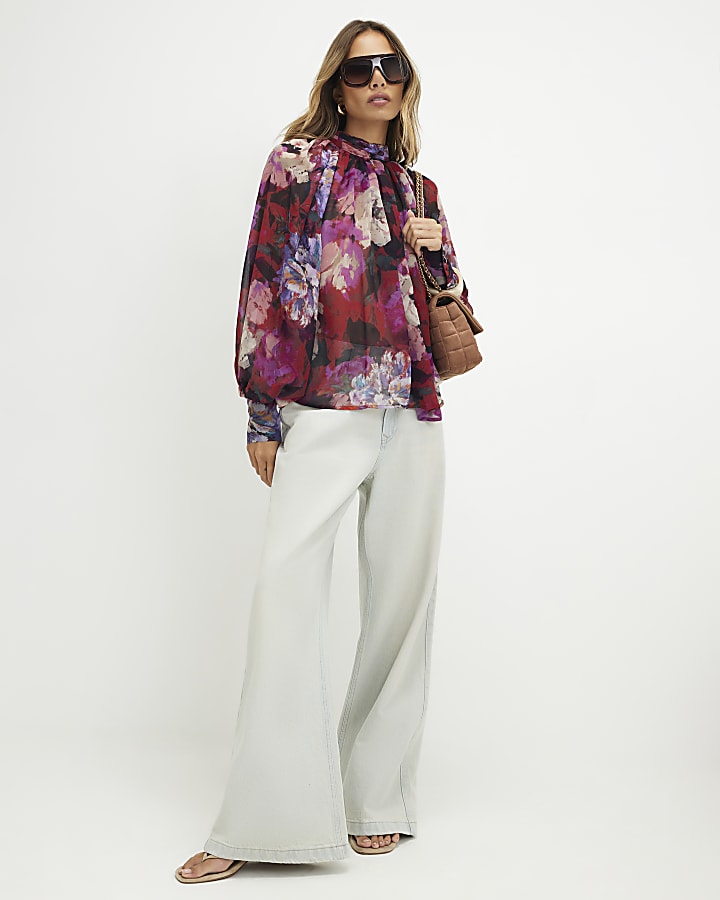 Red Floral Sheer Tie Neck Top