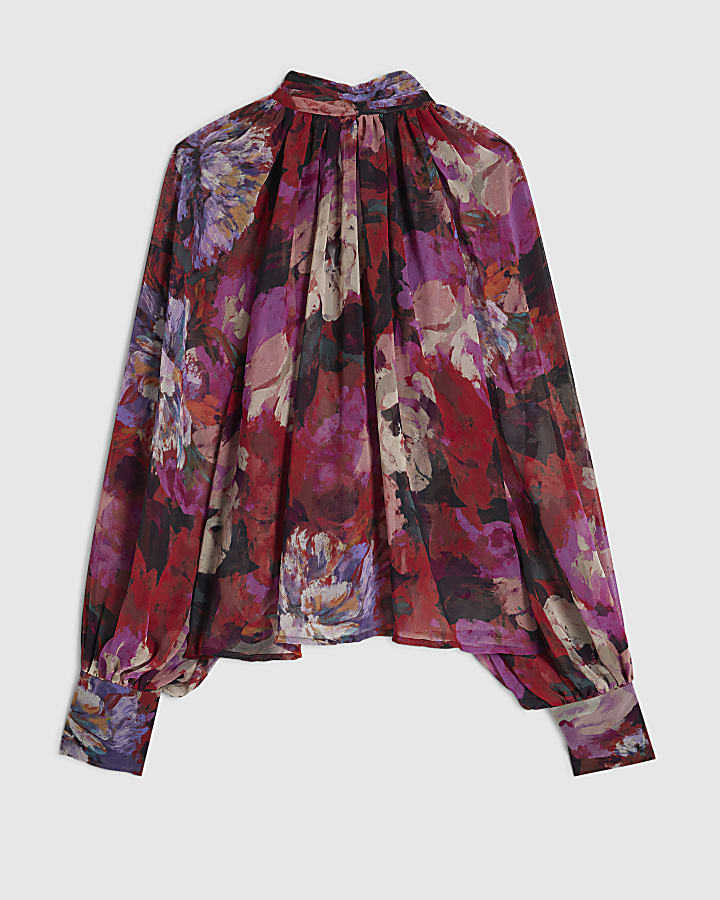 Red Floral Sheer Tie Neck Top