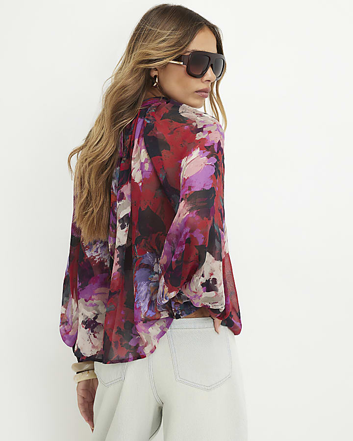 Red Floral Sheer Tie Neck Top