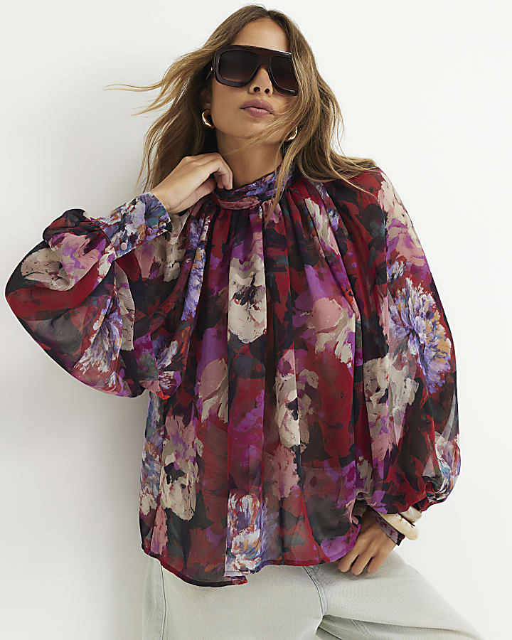 Red Floral Sheer Tie Neck Top