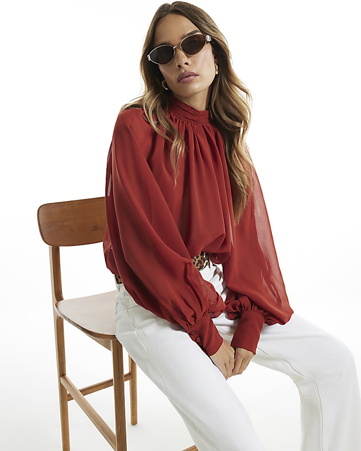 Orange Funnel Neck Sheer Blouse