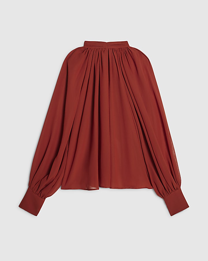 Orange Funnel Neck Sheer Blouse