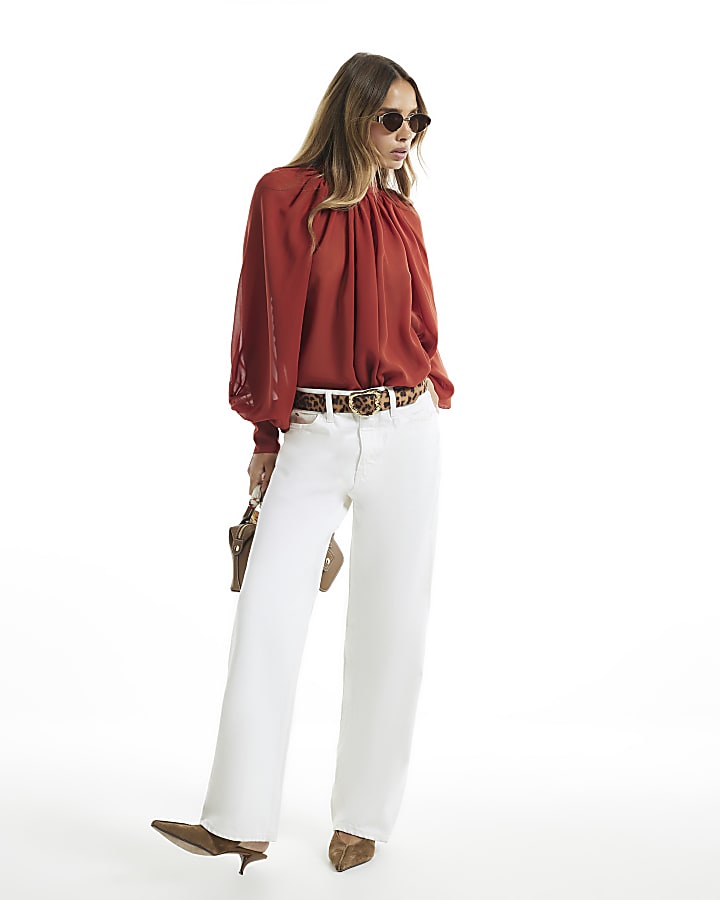 Orange Funnel Neck Sheer Blouse