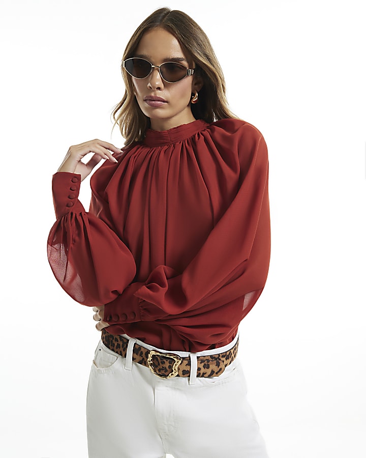 Orange Funnel Neck Sheer Blouse