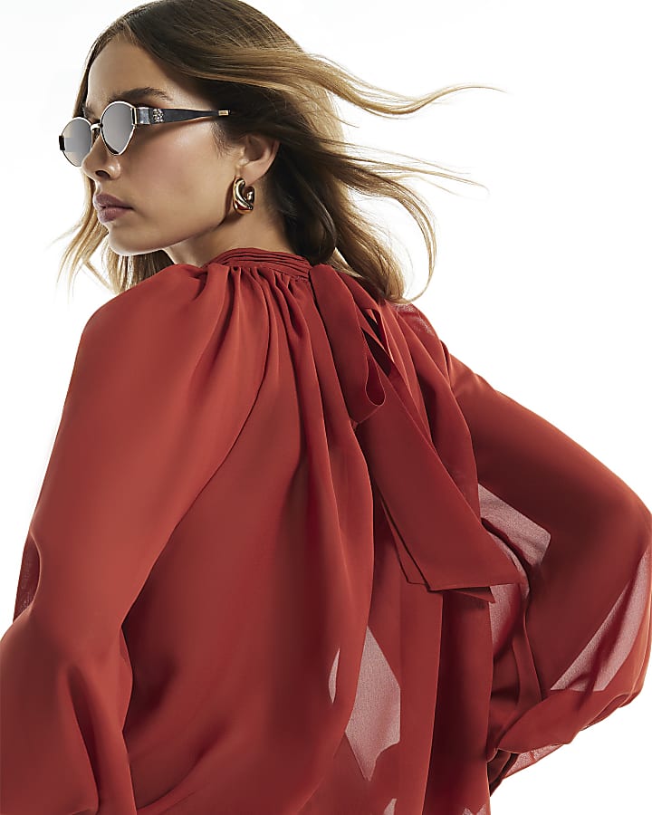 Orange Funnel Neck Sheer Blouse