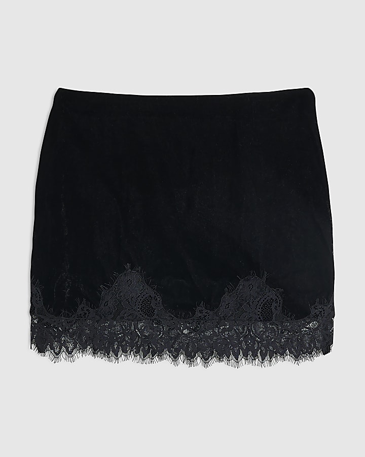 Black Velvet Lace Trim Mini Skirt