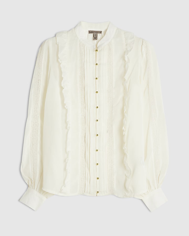 Cream Pintuck Ruffle Blouse