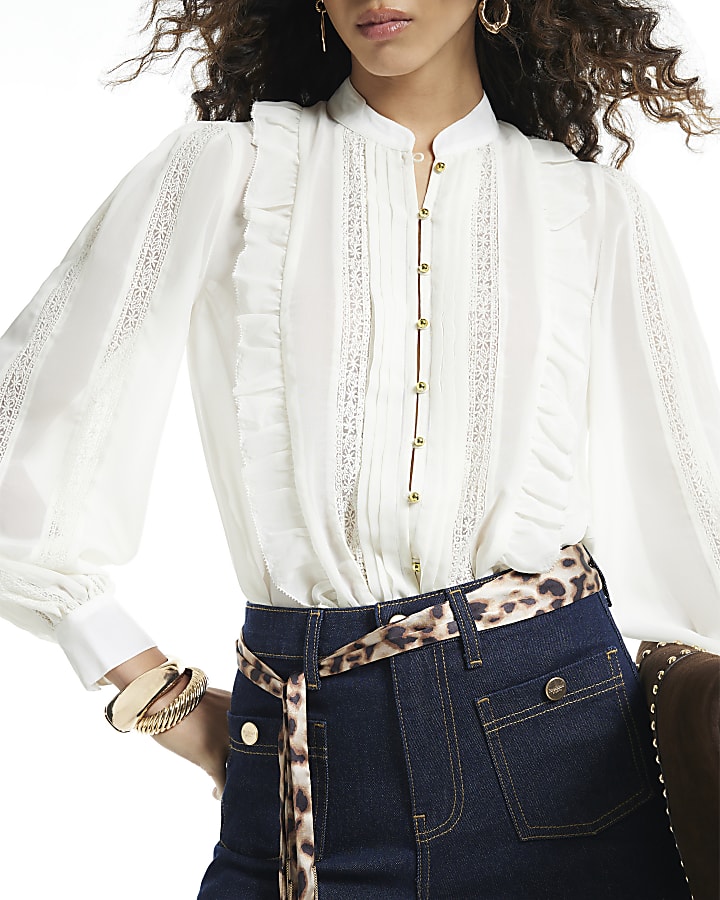 Cream Pintuck Ruffle Blouse