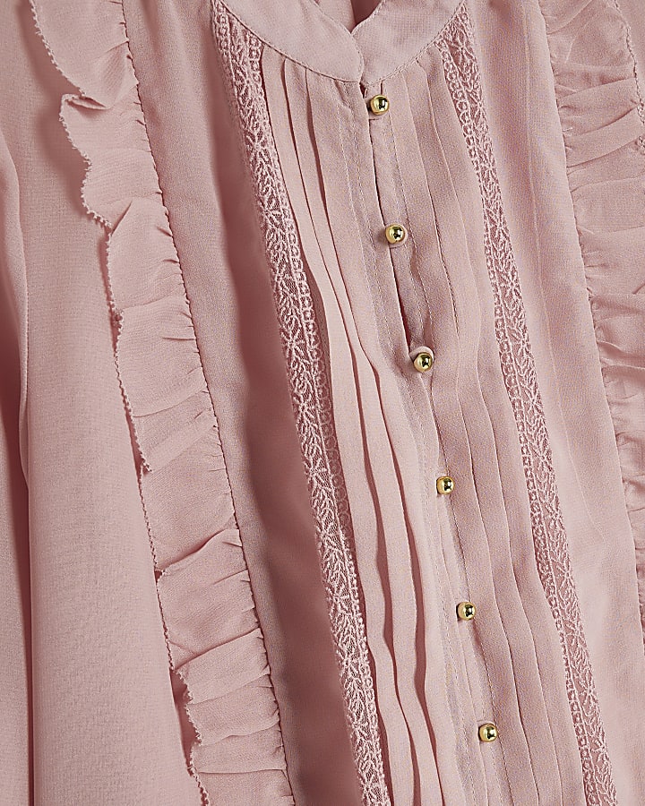 Pink Sheer Pintuck Ruffle Blouse