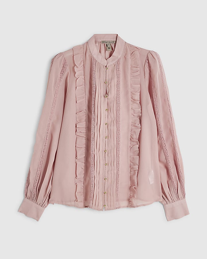 Pink Sheer Pintuck Ruffle Blouse