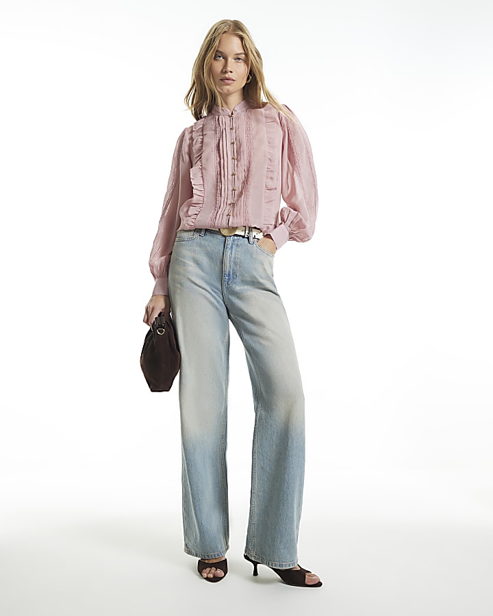 Pink Sheer Pintuck Ruffle Blouse