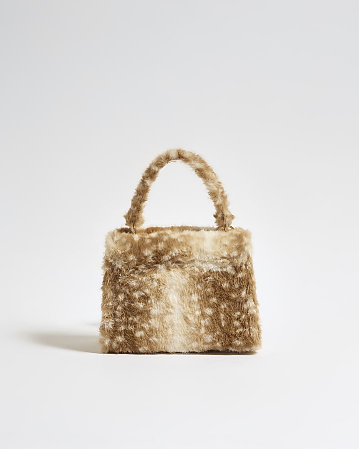 Beige Animal Print On Faux Fur Mini Tote Bag