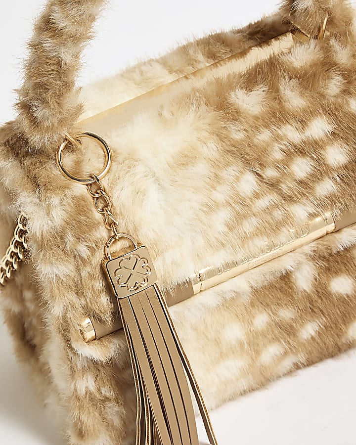 Beige Animal Print On Faux Fur Mini Tote Bag