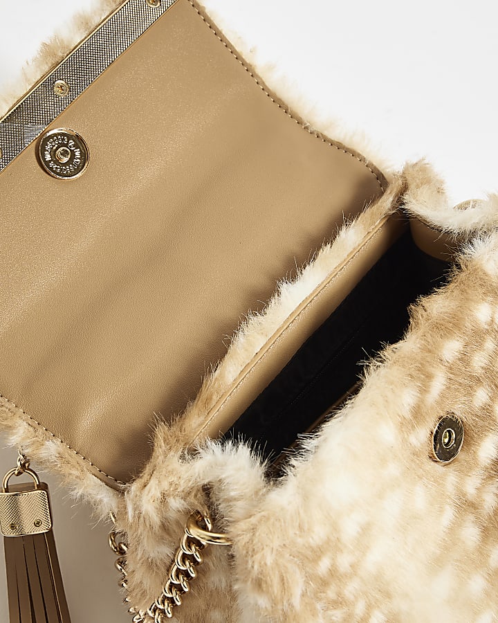 Beige Animal Print On Faux Fur Mini Tote Bag