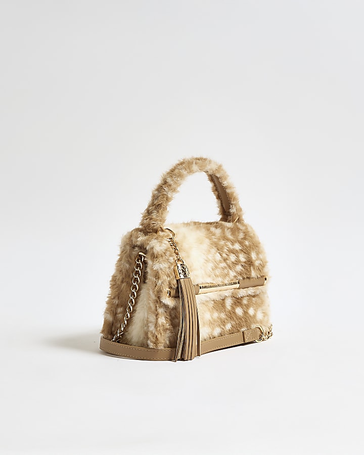 Beige Animal Print On Faux Fur Mini Tote Bag