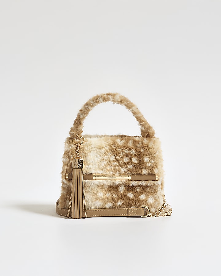 Beige Animal Print On Faux Fur Mini Tote Bag