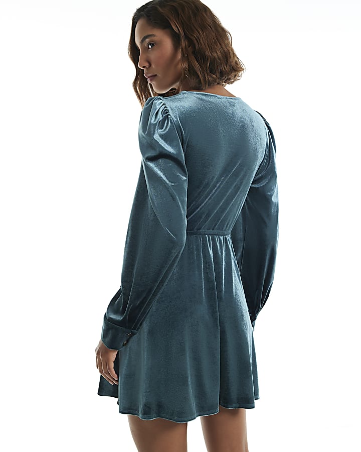 Blue Tie Front Velvet Mini Dress